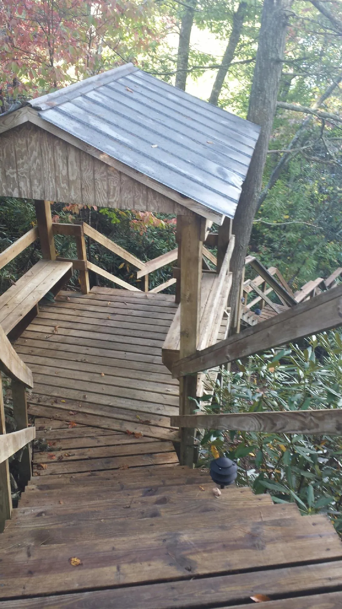 Metal roofed shelter over wooden steps on a wooded walkway — Skylight Repair & Installation work by our crew in Spofford